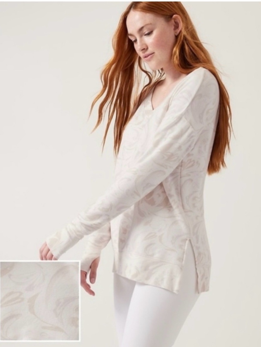 Athleta Coaster Luxe V-Neck Sweatshirt in an Agate Paisley Cream